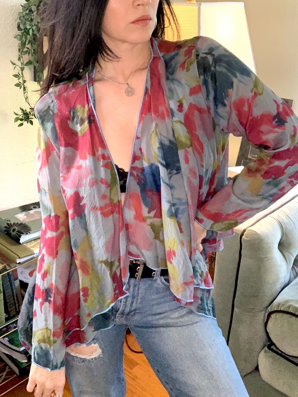 Vintage Watercolor Floral Open-Front Blouse